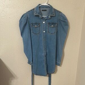Studded Denim Shirt with Puff Sleeves